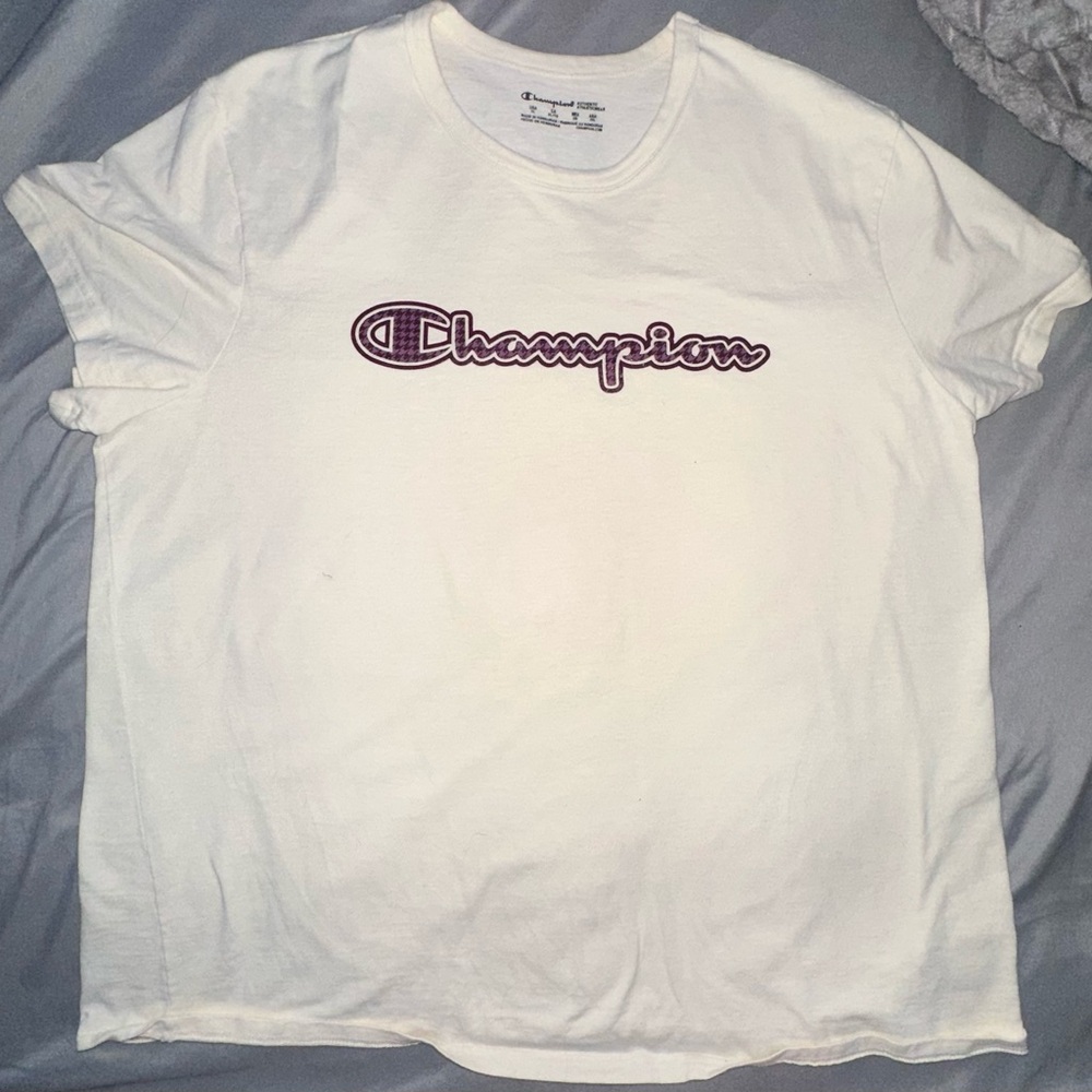 Women’s Champion T-Shirt. White with purple lettering. Size: XL